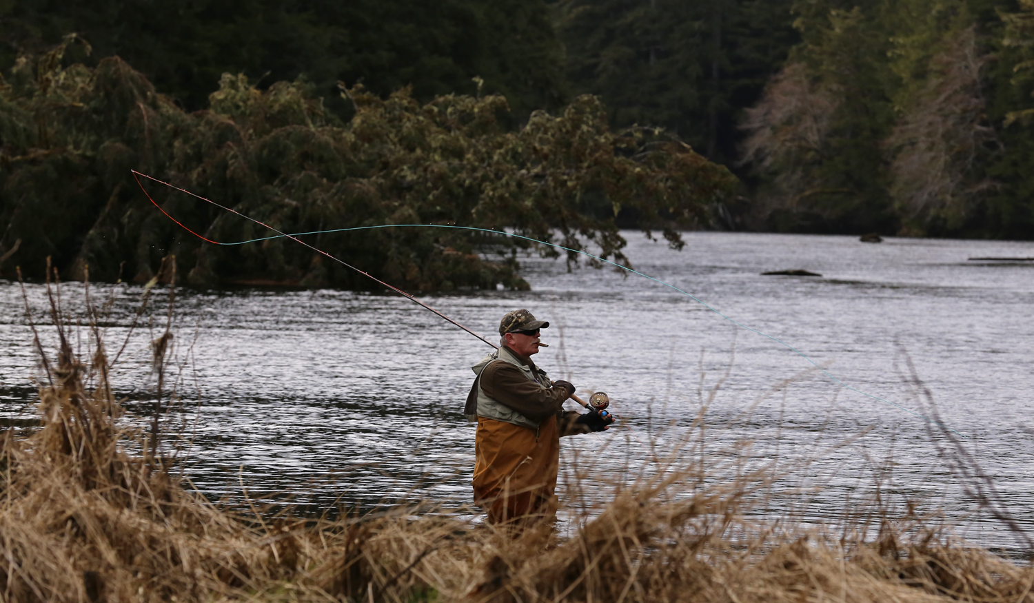 A fly fisherman in the Thorne River on Prince of Wales Island.