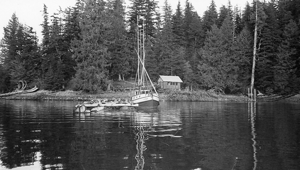 Mack and Mattie's boat and cabin in 1955. The three small vertical piling to the right of the cabin mark the boat grid.
