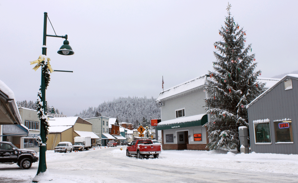  Downtown Wrangell with the Christmas tree almost ready.  