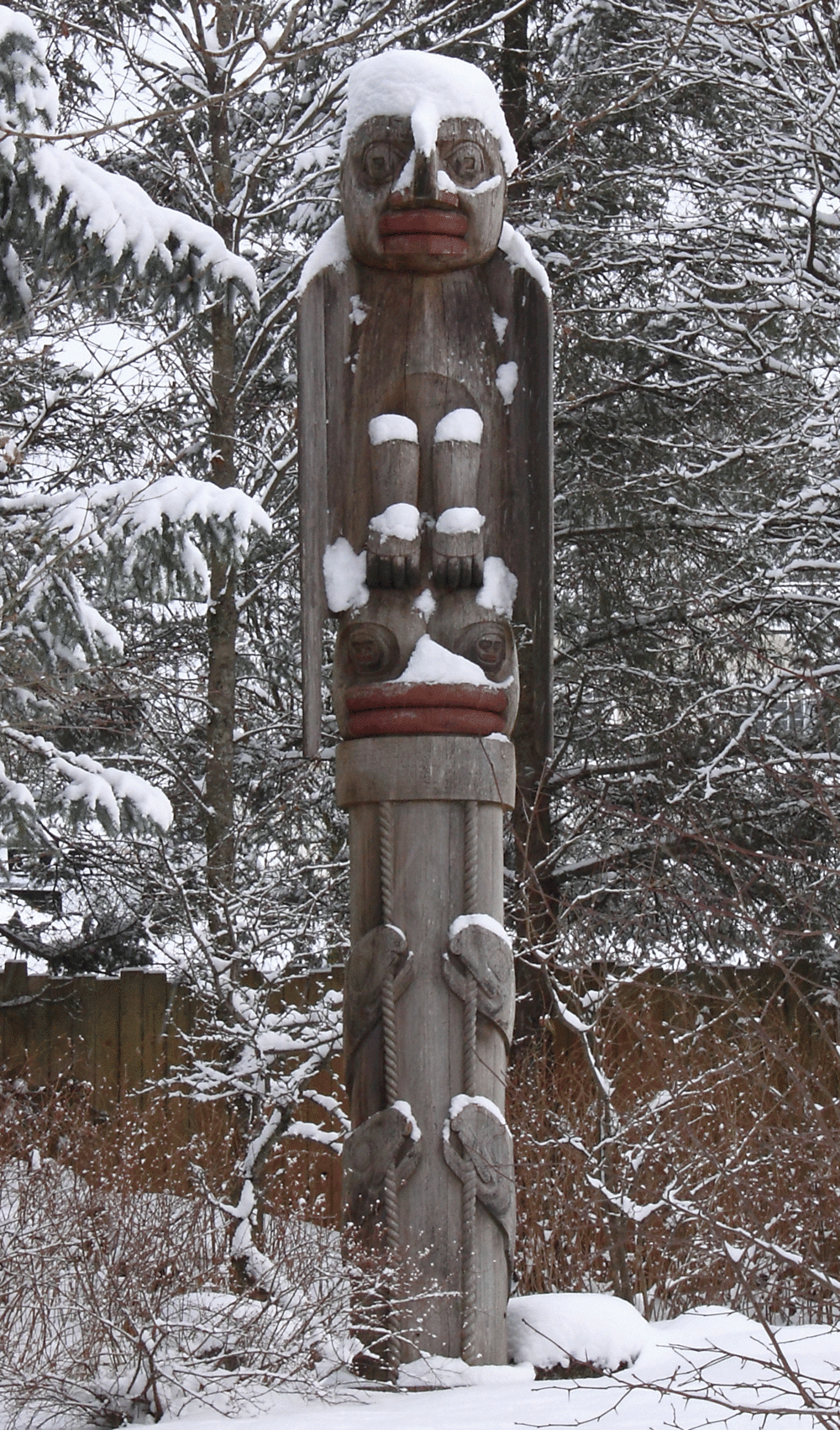 The One Legged Fisherman totem on a snowy day.