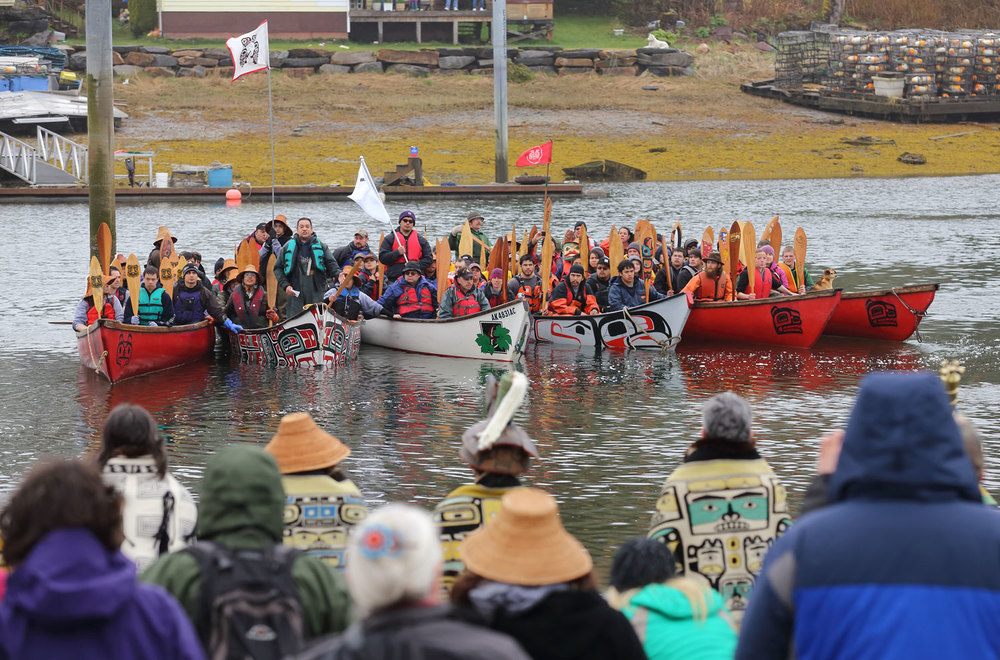  Canoes awaiting permission to land at Shakes Island. 