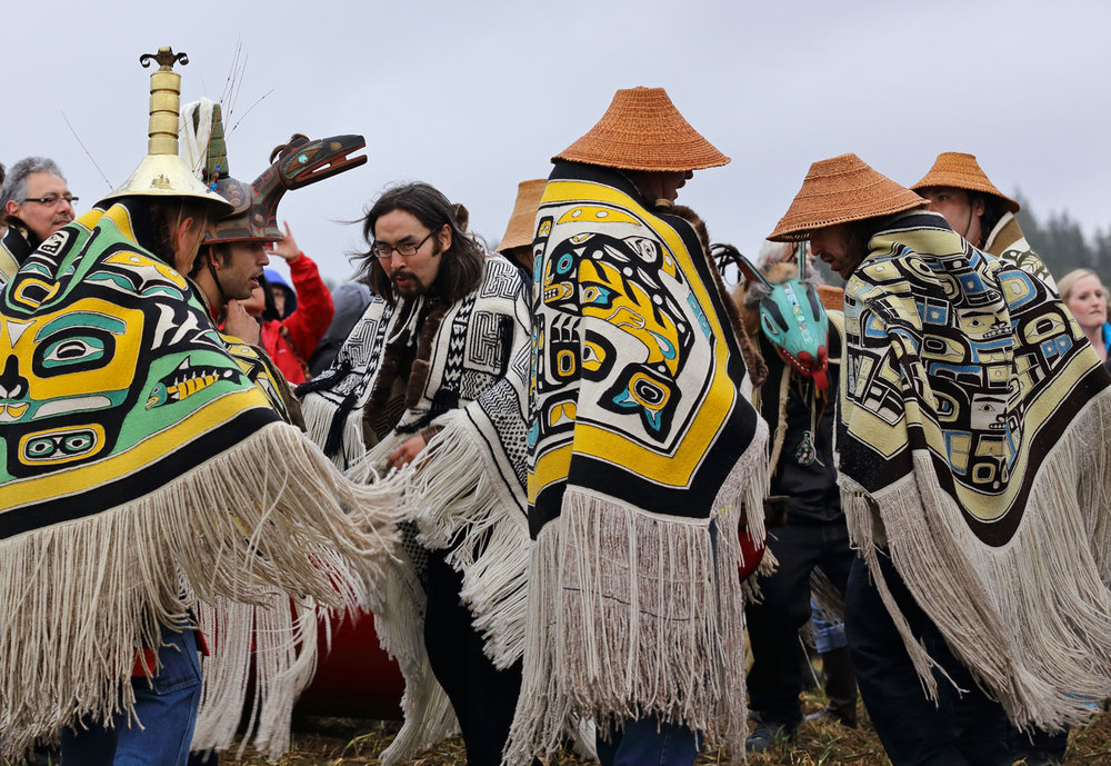  Alaska Native Elders and clan leaders dancing after the canoes landed on Shakes Island. 