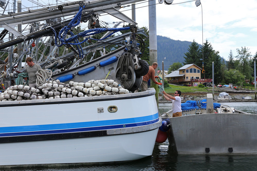  Loading lines and other gear onto the   COMMANDER  from the seine skiff.  