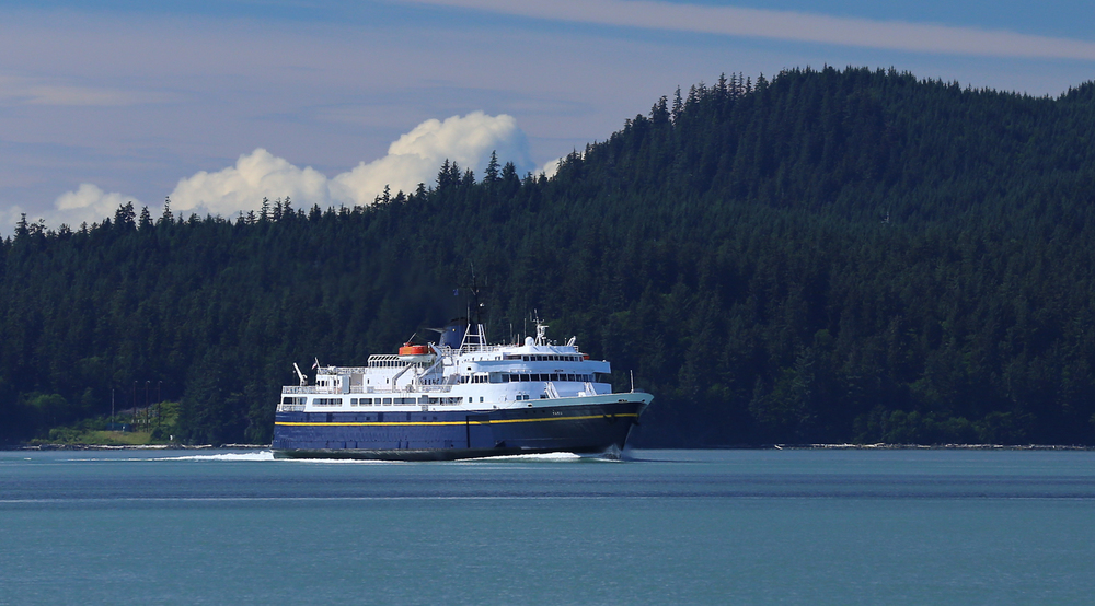 The M/V Taku. She is 353  feet (107 meters) long and can carry 370 passengers and 69 vehicles.