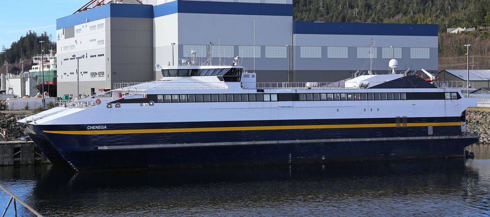 The Chenega is one of two fast ferries doing day trips in Southeast Alaska. This 235 foot (71 meter) catamaran carries 250 passengers and 35 vehicles at 32 knots (37 mph or 59 kph)