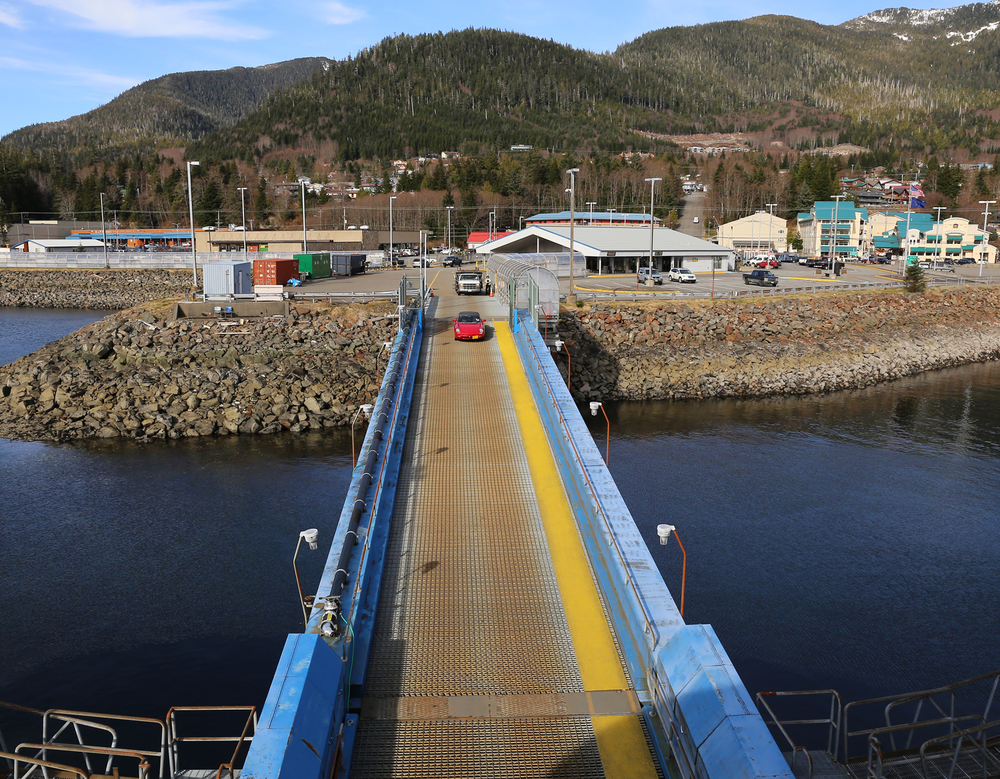 Vehicles driving onto the ferry at the Ketchikan terminal.