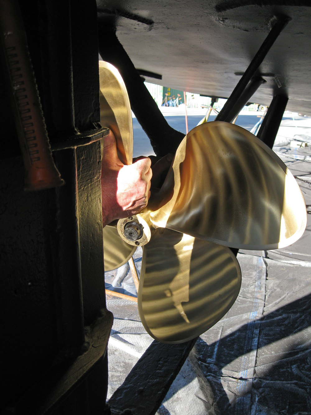 Sliding the keyed boat propeller onto the shaft