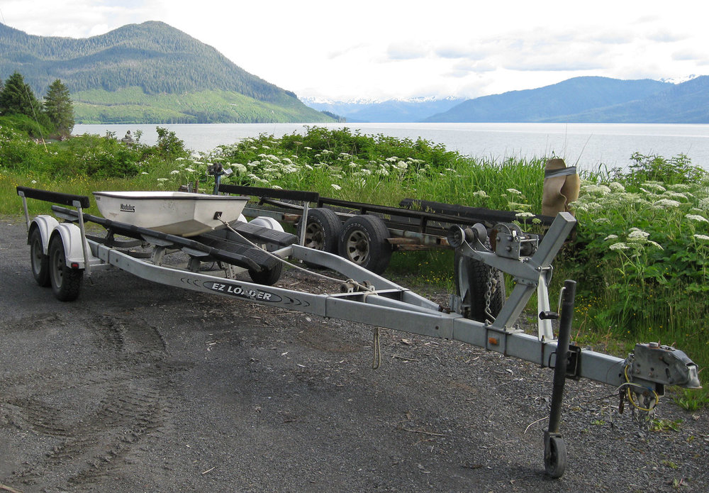 Little skiff on a big boat trailer