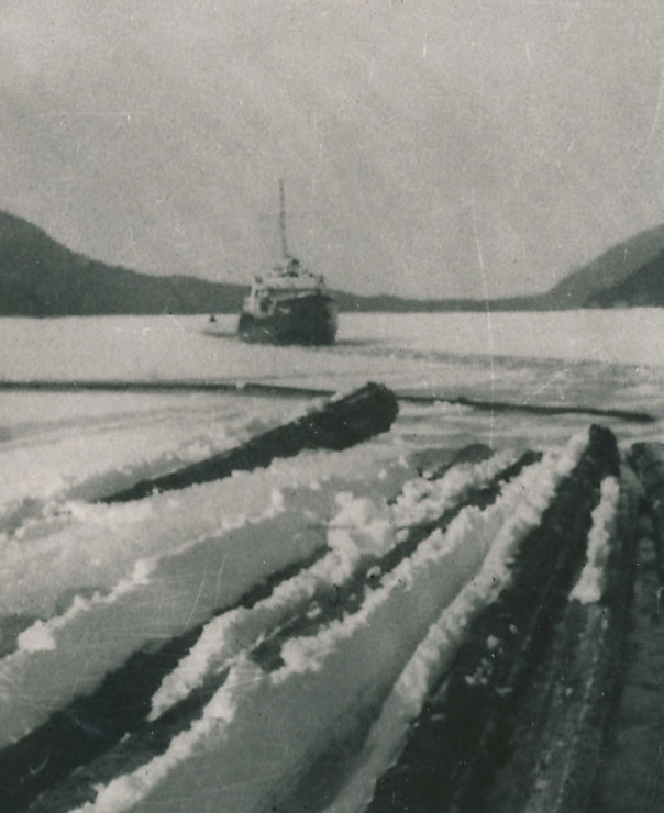 Sweetbriar breaking ice in Hood Bay winter of 1950
