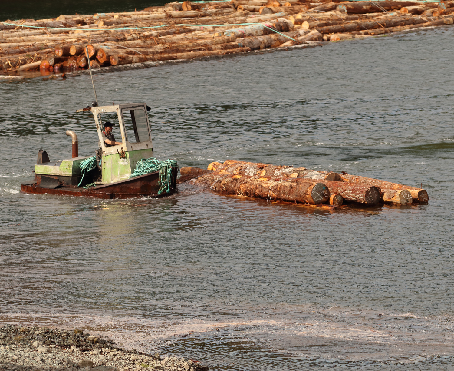 Boom boat taking the logs out to the log raft on Prince of Wales Island in Southeast Alaska