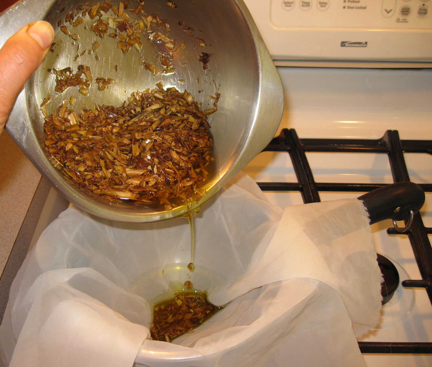 Pour the whole batch into a cloth lined bowl...