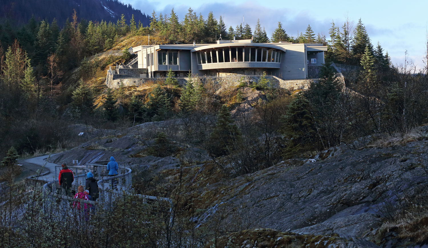 Mendenhall Glacier Visitor's Center on a chilly morning in the springtime.