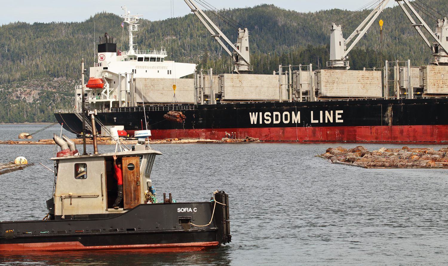 Log ship loading and tug Sophia C crew waving on Prince of Wales Island in Southeast Alaska