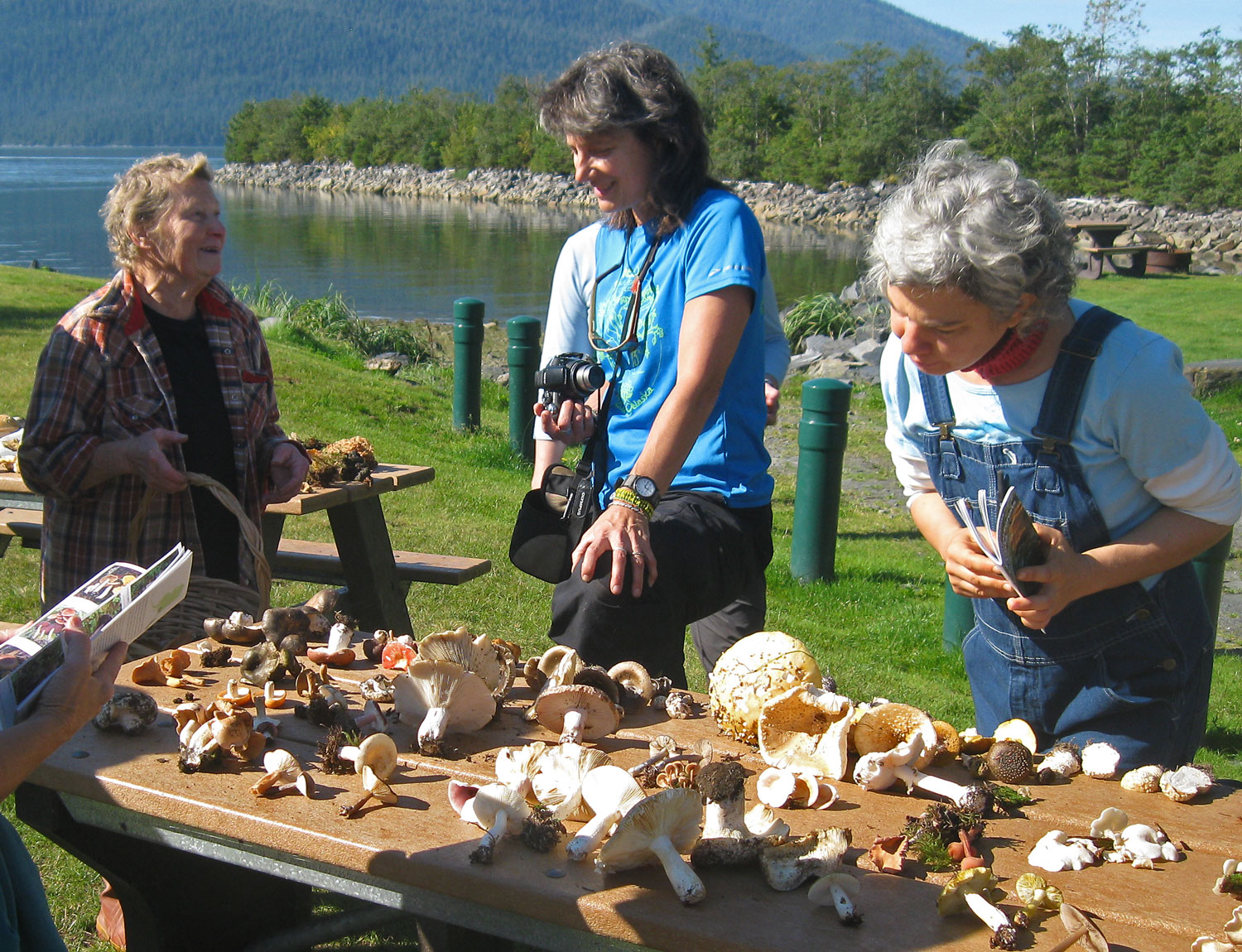 Karen Dillman (center) is a lichen expert and a Tongass National Forest ecologist . She is discussing good edibles with Elody while Katherine studies the non-edible Amanitas on the table.