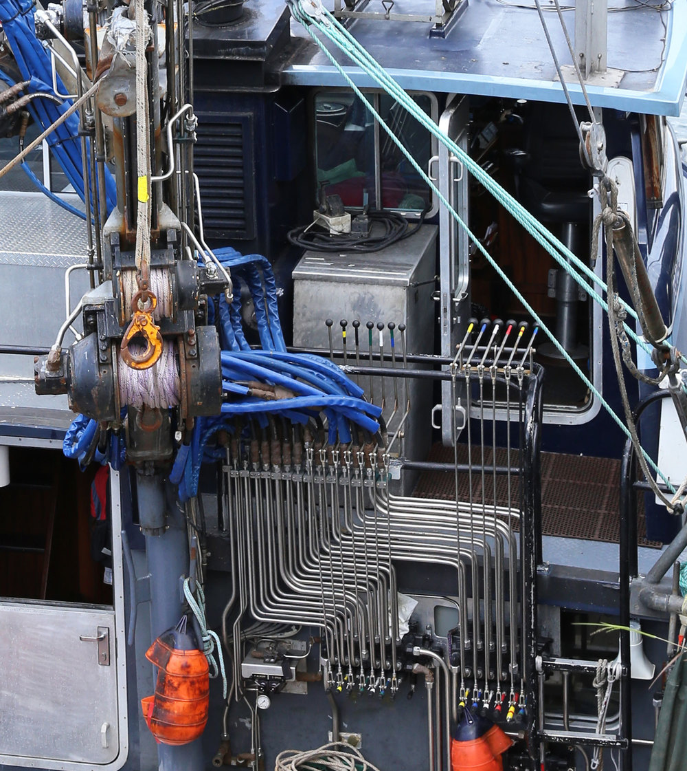  Hydraulic winch controls and plumbing on a seine boat.  