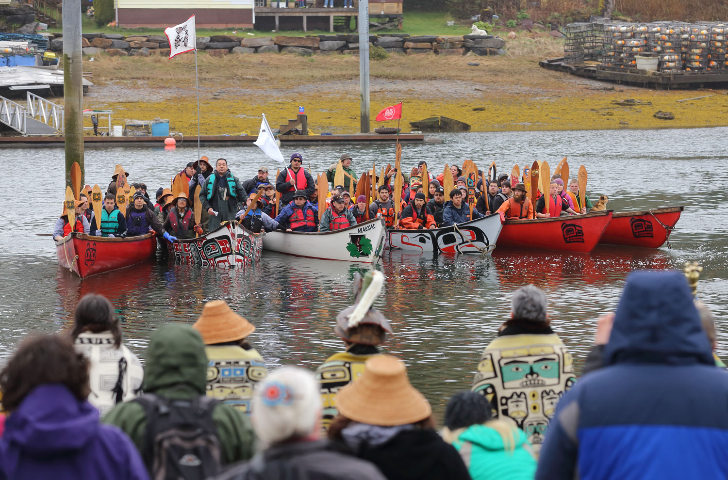 Canoes awaiting permission to land at Shakes Island.