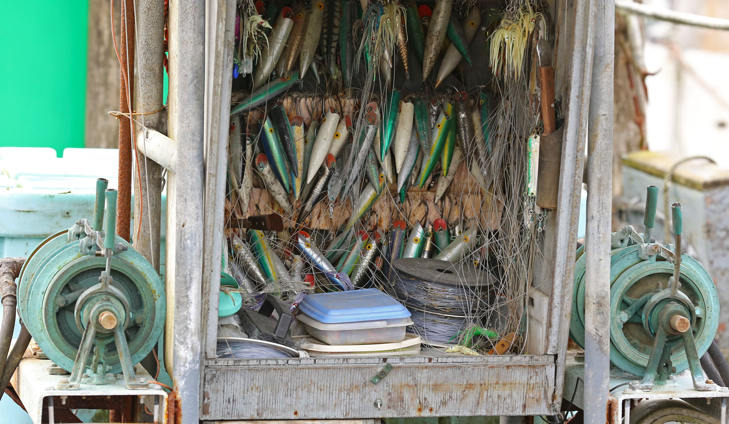 An array of plugs and hoochies for trolling.