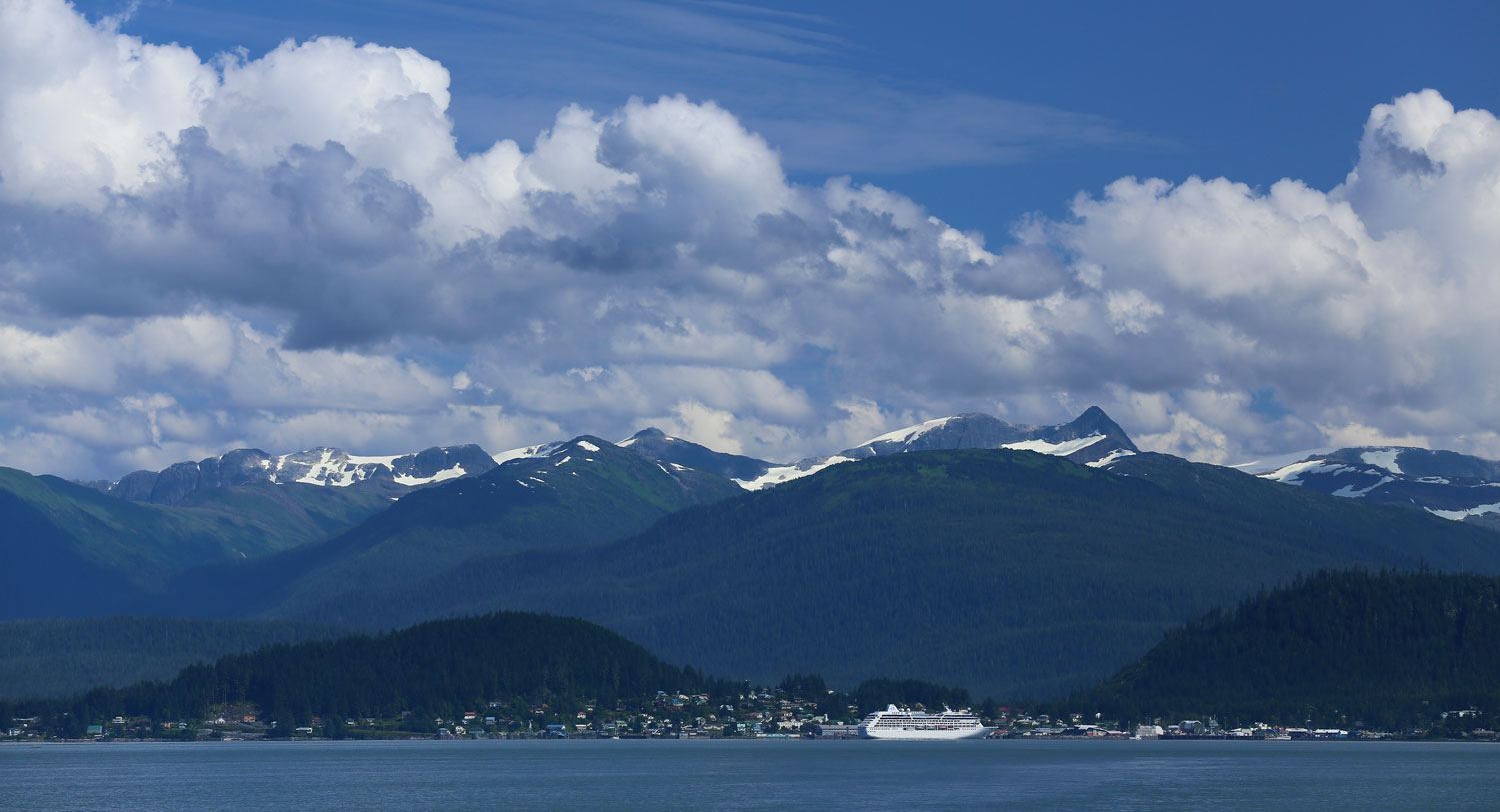 Looking back at Wrangell with a cruise ship in port.&nbsp;