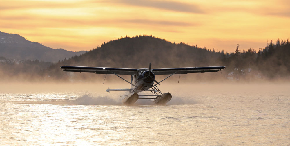 de Havilland Beaver Floatplane Airplane landing in mist at Thorne Bay Southeast Alaska