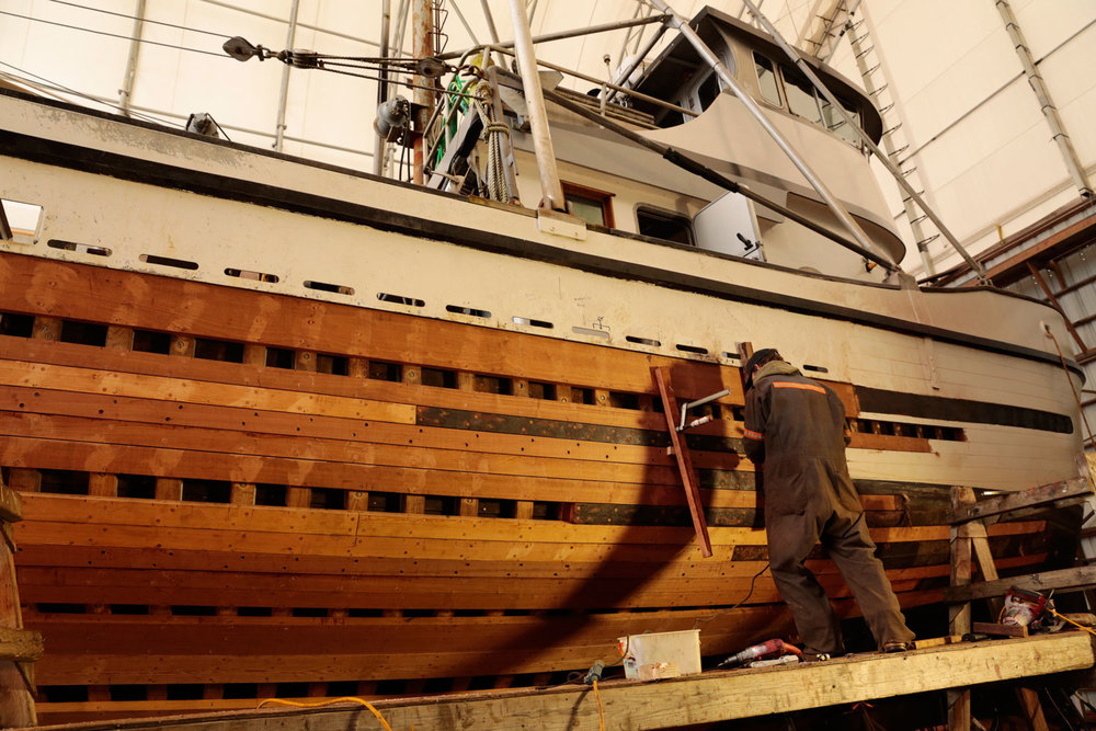 Replanking replacing planks on wood fishing boat FV Siren Petersburg Wrangell boatyard shipyard marine service center seiner longliner troller