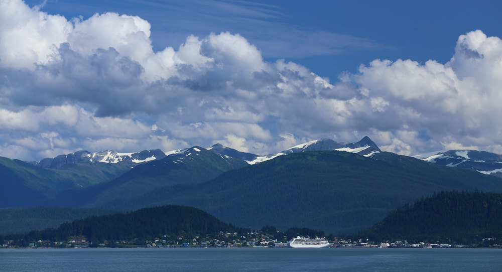  Looking back at Wrangell with a cruise ship in port.&nbsp; 