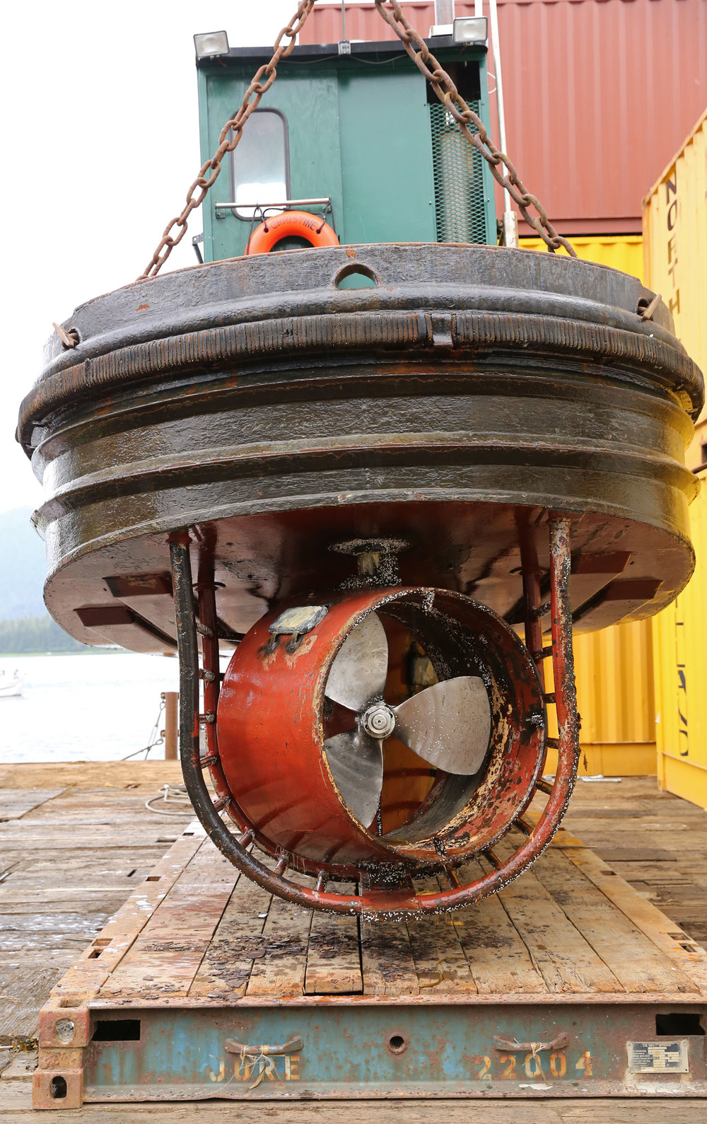 A stern view of the boom boat. 